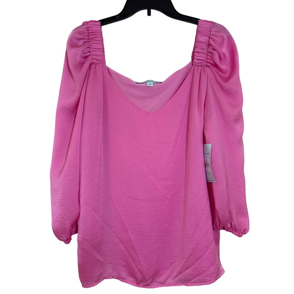 Blue Sol Large Pink Satin V-neck Pleated Gathered Shoulders Long Sleeve Blouse